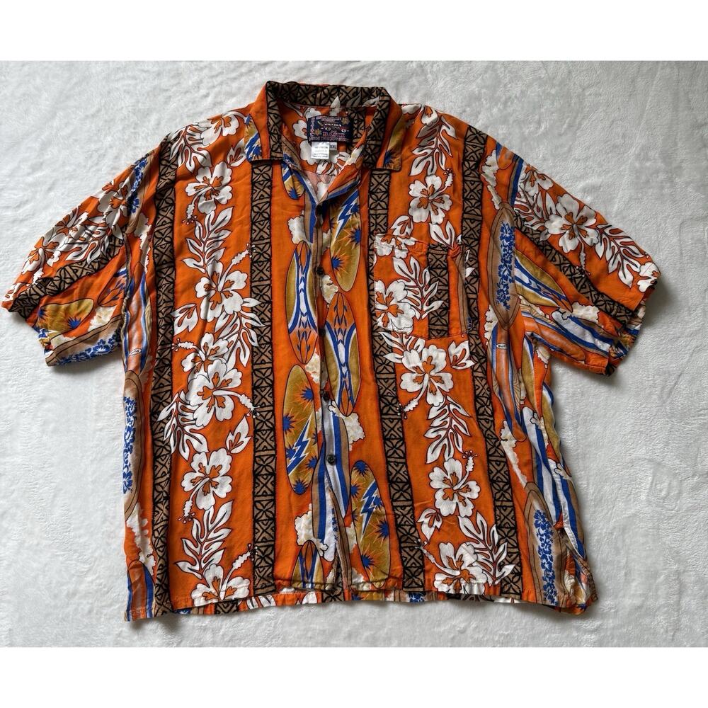 Basix Jammin Mens Hawaiian Shirt XXL Orange Surfboards Floral Aloha Short Sleeve